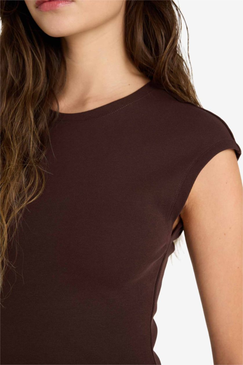 Әйелдерге Қоңыр Bodycon денеге қонымды дөңгелек жағалы рибана қысқа жеңді миди көйлек