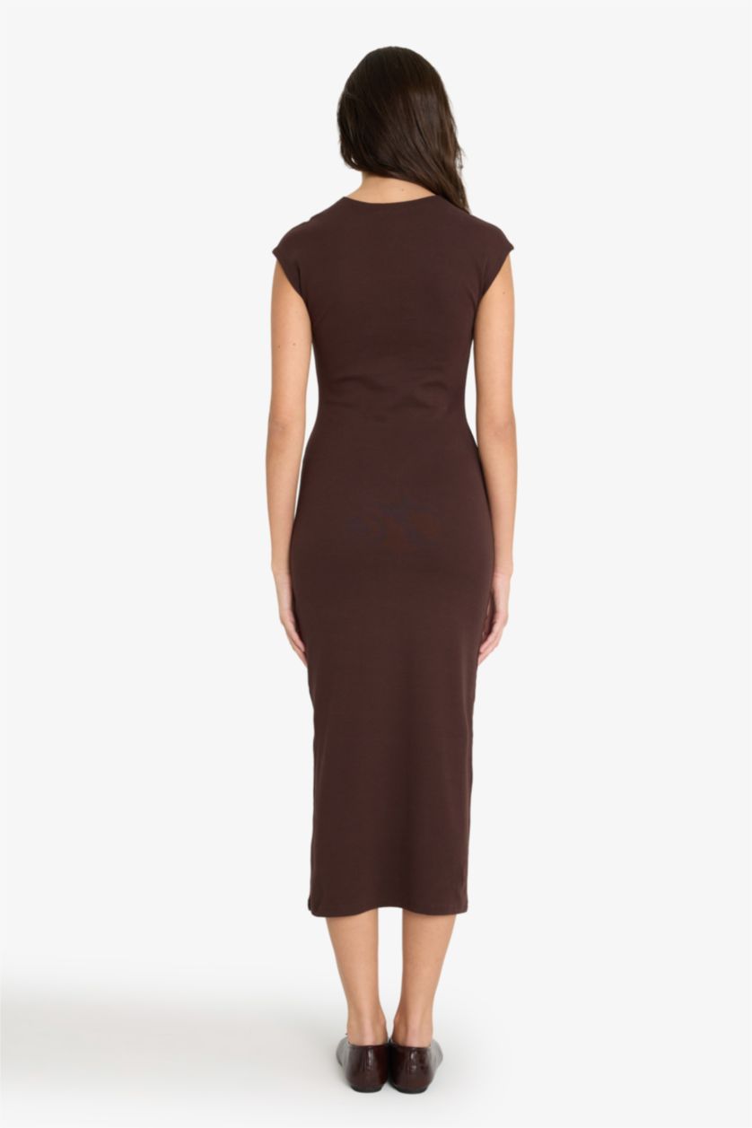 Әйелдерге Қоңыр Bodycon денеге қонымды дөңгелек жағалы рибана қысқа жеңді миди көйлек