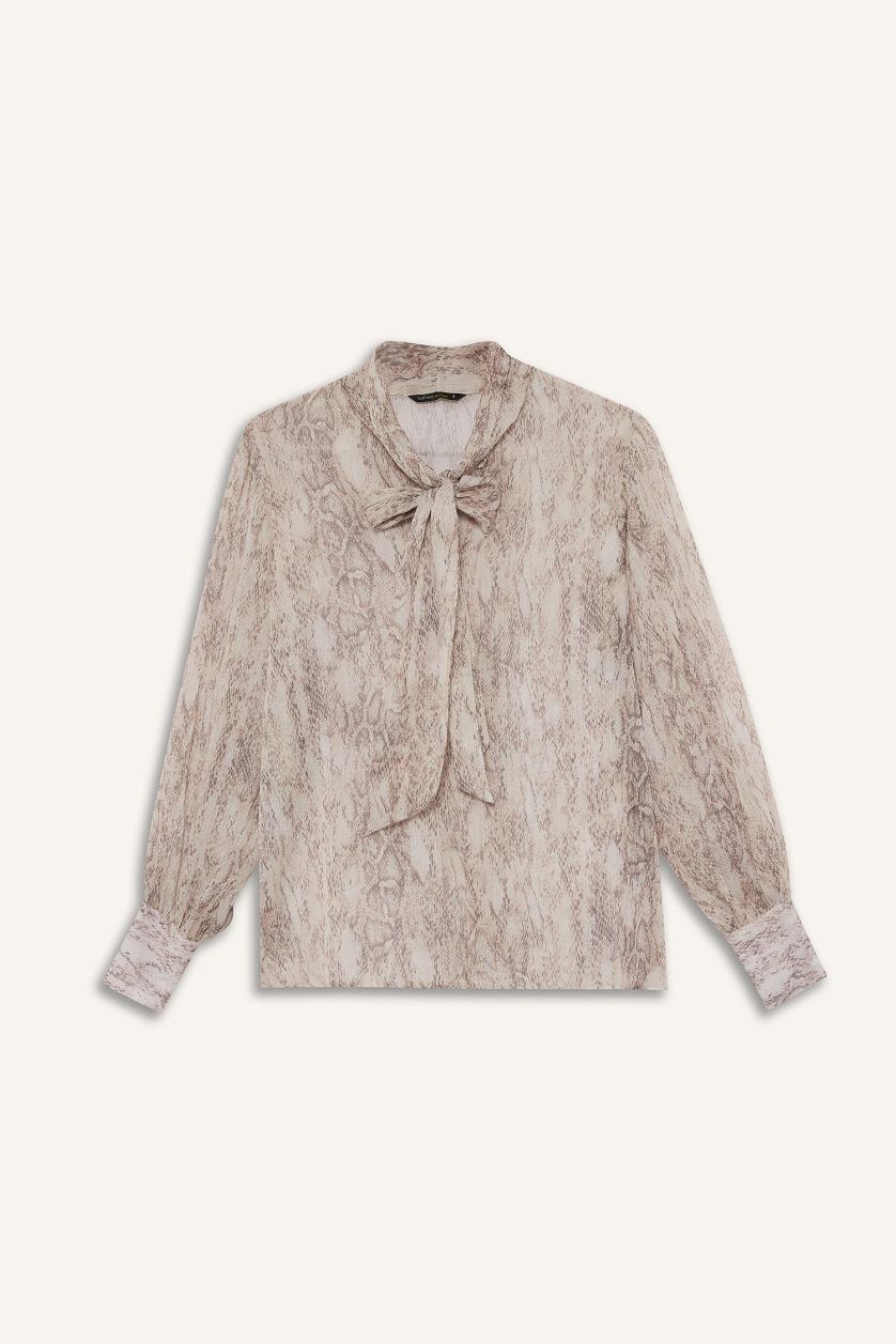 Kadın Ekru Regular Fıt Fiyonk Yaka Yılan Desenli Şifon Uzun Kollu Bluz