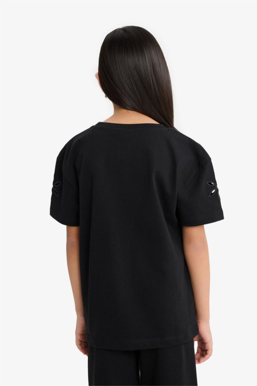 Kız Çocuk - Genç Kız Siyah Overshirt Fit Bisiklet Yaka Brode Kısa Kollu Tişört Kız Çocuk