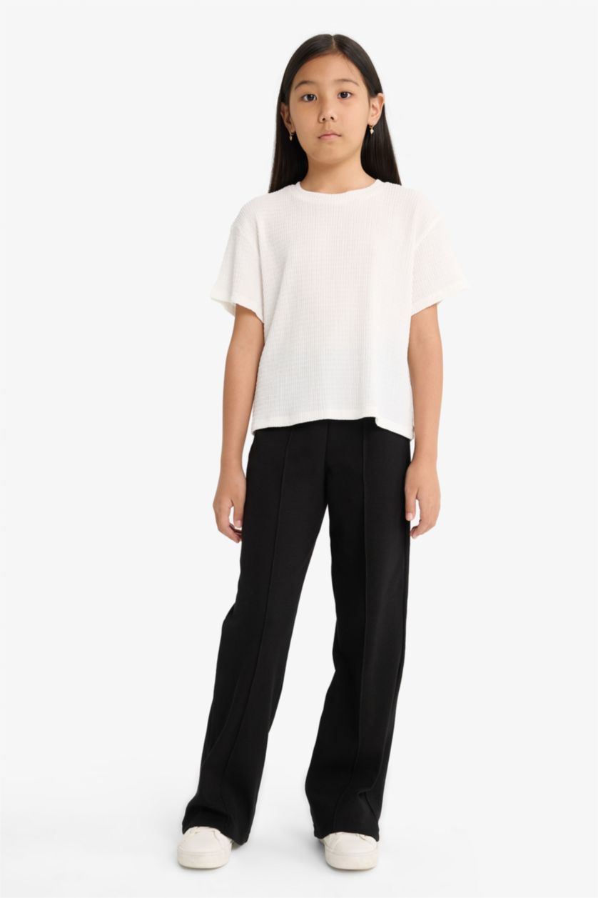 Kız Çocuk - Genç Kız Ekru Oversize Geniş Kalıp Bisiklet Yaka Kısa Kollu Tişört Kız Çocuk