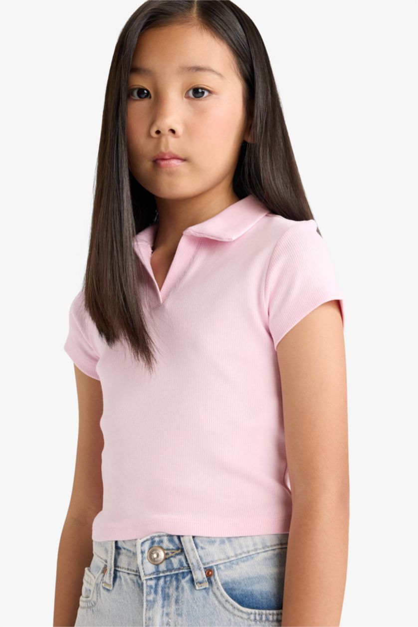 بنات زهري فاتح تيشيرت بولو بناتي نص ردن مضلع سليم فيت