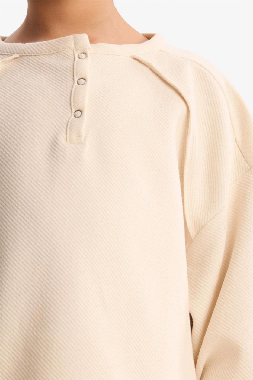 Kız Çocuk - Genç Kız Ekru Oversize Geniş Kalıp Bisiklet Yaka Düğmeli Sweatshirt Kız Çocuk