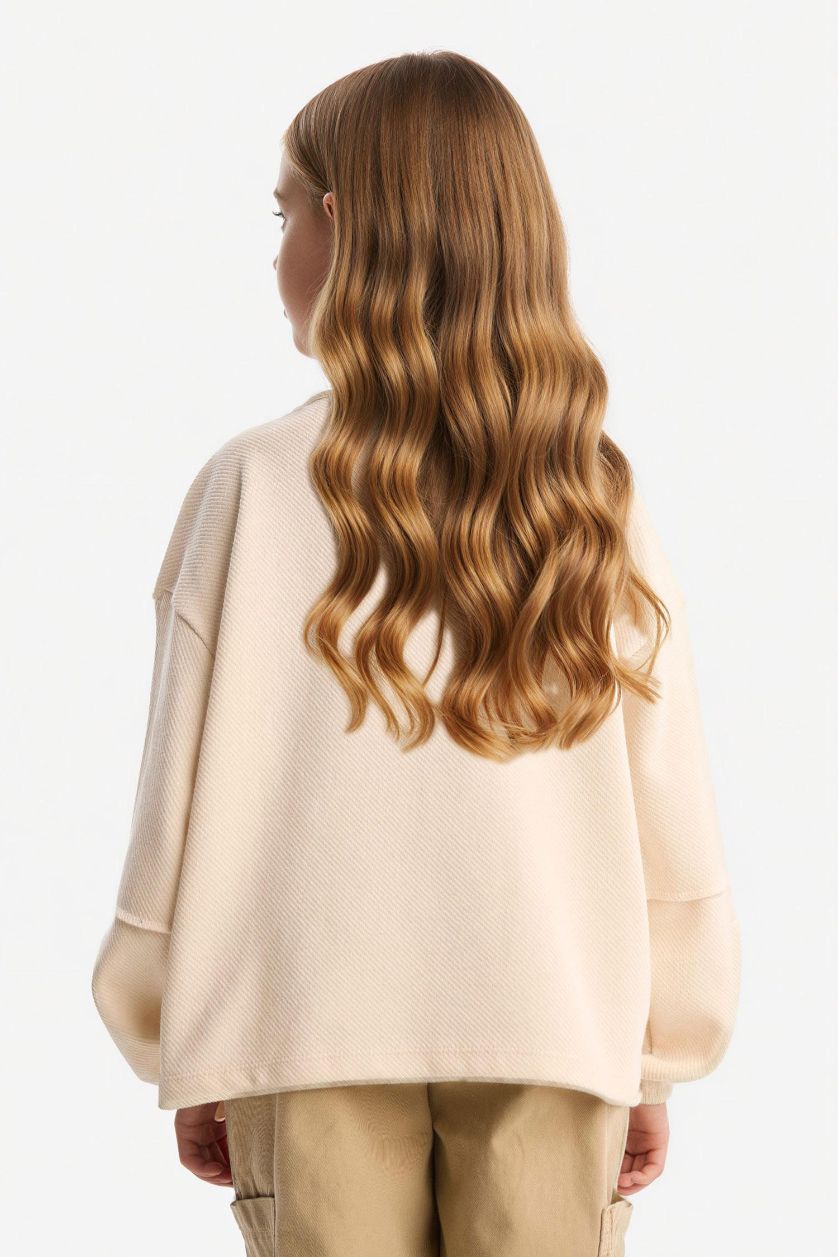 Kız Çocuk - Genç Kız Ekru Oversize Geniş Kalıp Bisiklet Yaka Düğmeli Sweatshirt Kız Çocuk