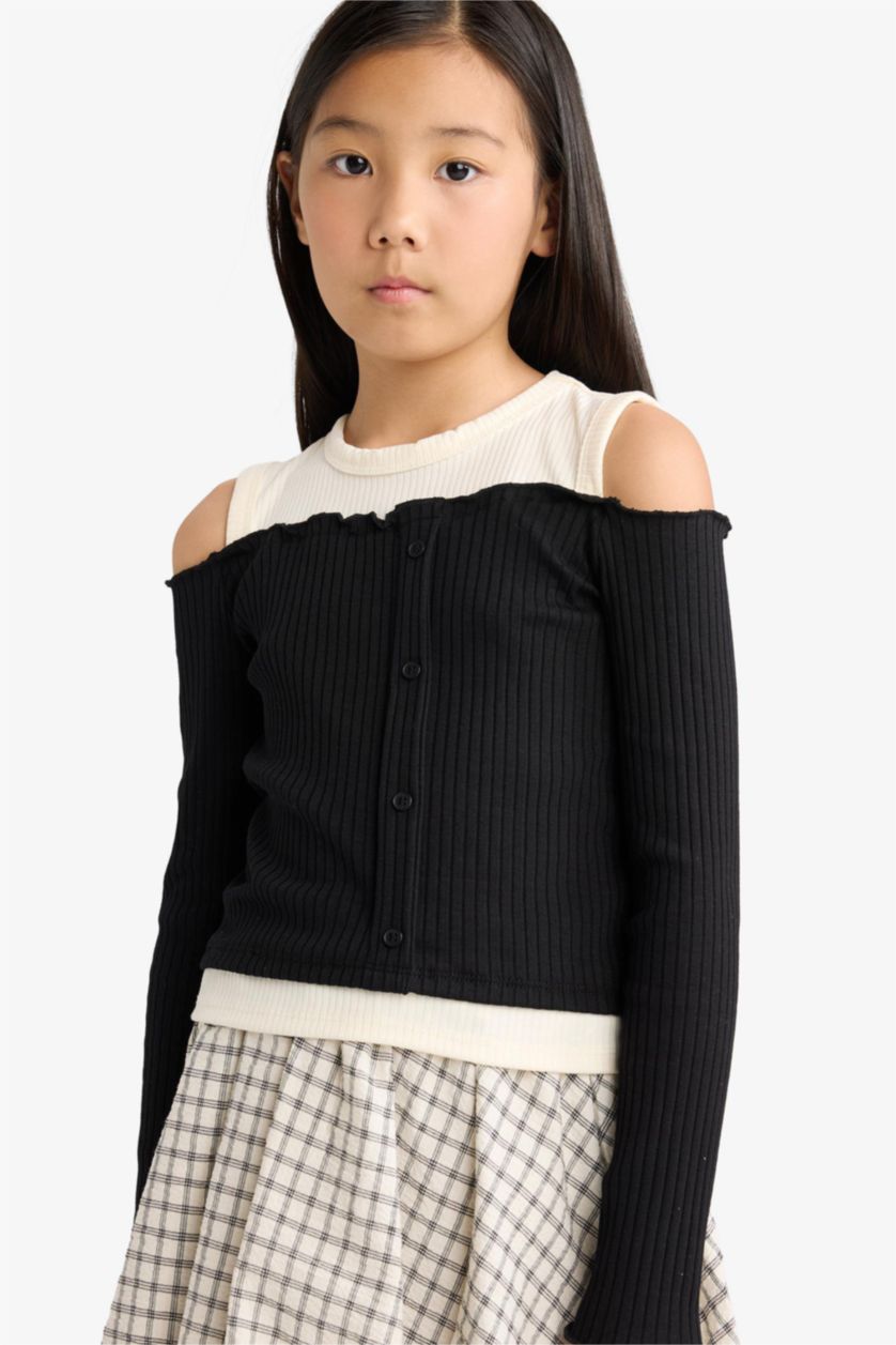 Kız Çocuk - Genç Kız Siyah Slim Fit Dar Kesim Omzu Açık Fitilli Kaşkorse Uzun Kollu Tişört Kız Çocuk