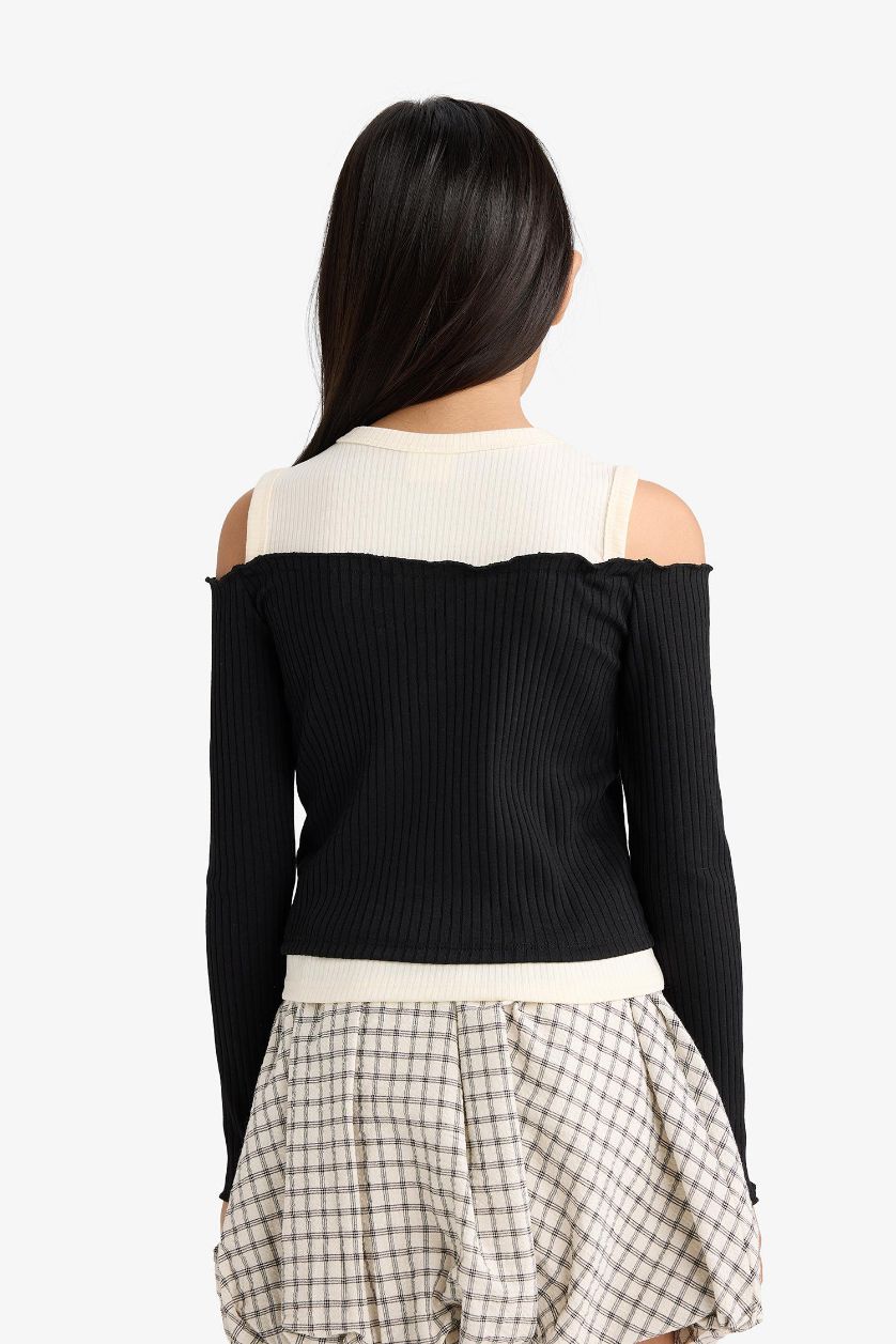 Kız Çocuk - Genç Kız Siyah Slim Fit Dar Kesim Omzu Açık Fitilli Kaşkorse Uzun Kollu Tişört Kız Çocuk