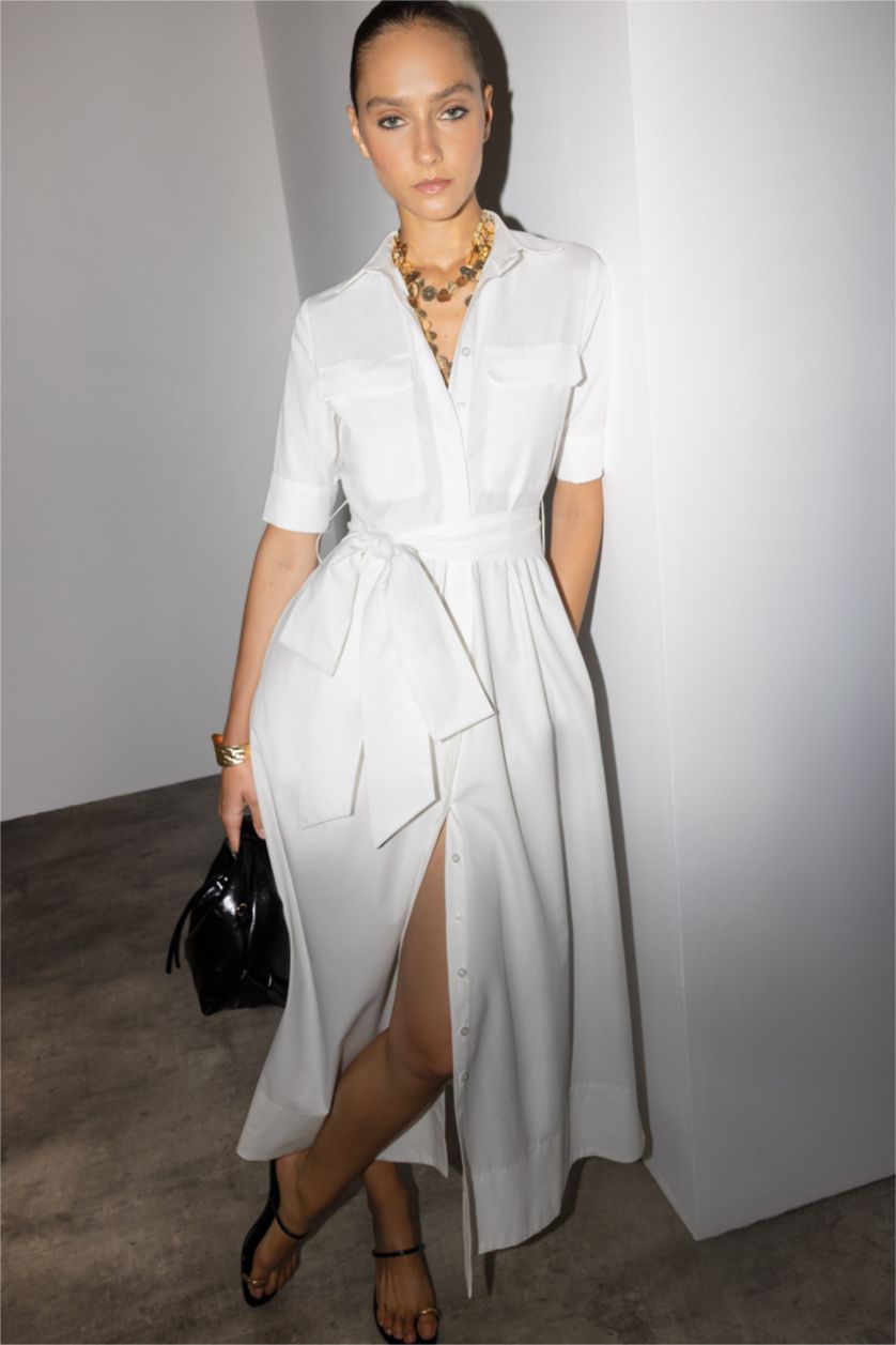 نساء اوف وايت فستان ميدي بوبلين بياخة قميص بتفاصيل برباط