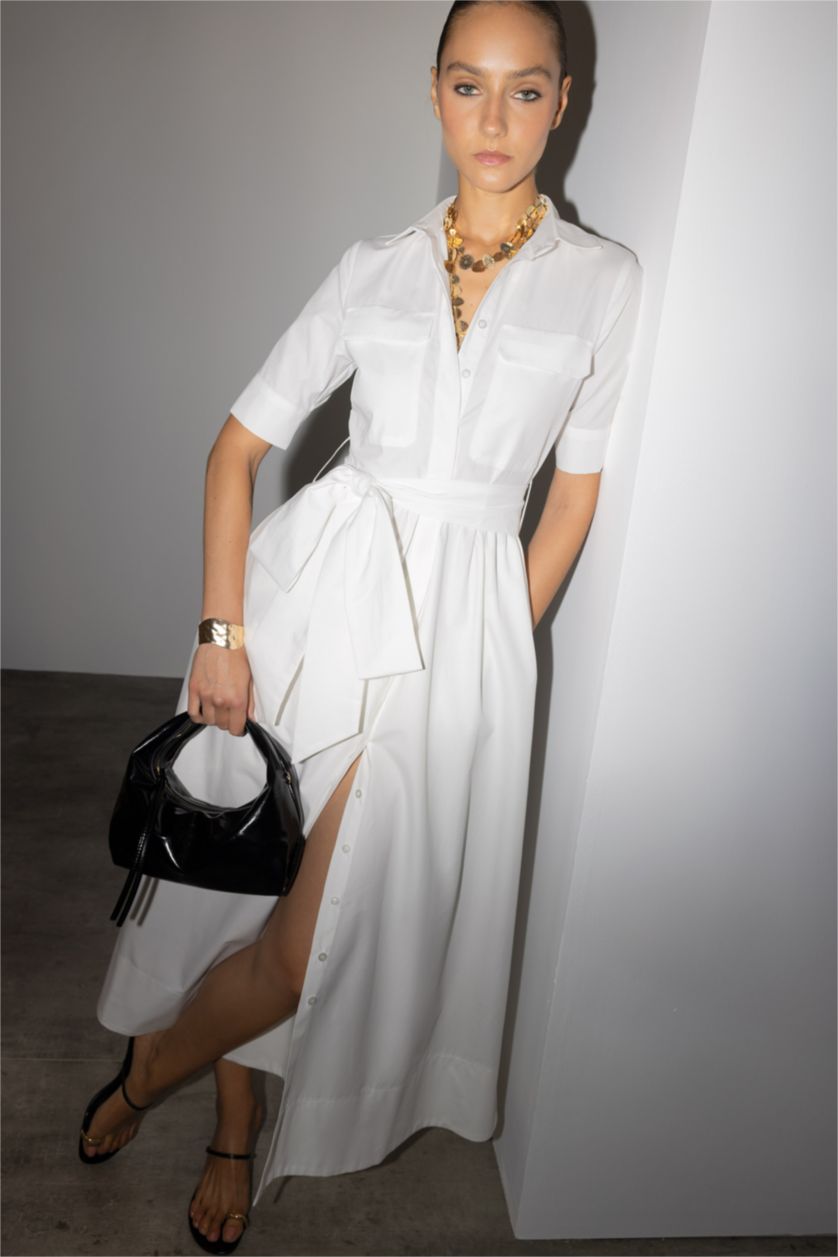 نساء اوف وايت فستان ميدي بوبلين بياخة قميص بتفاصيل برباط