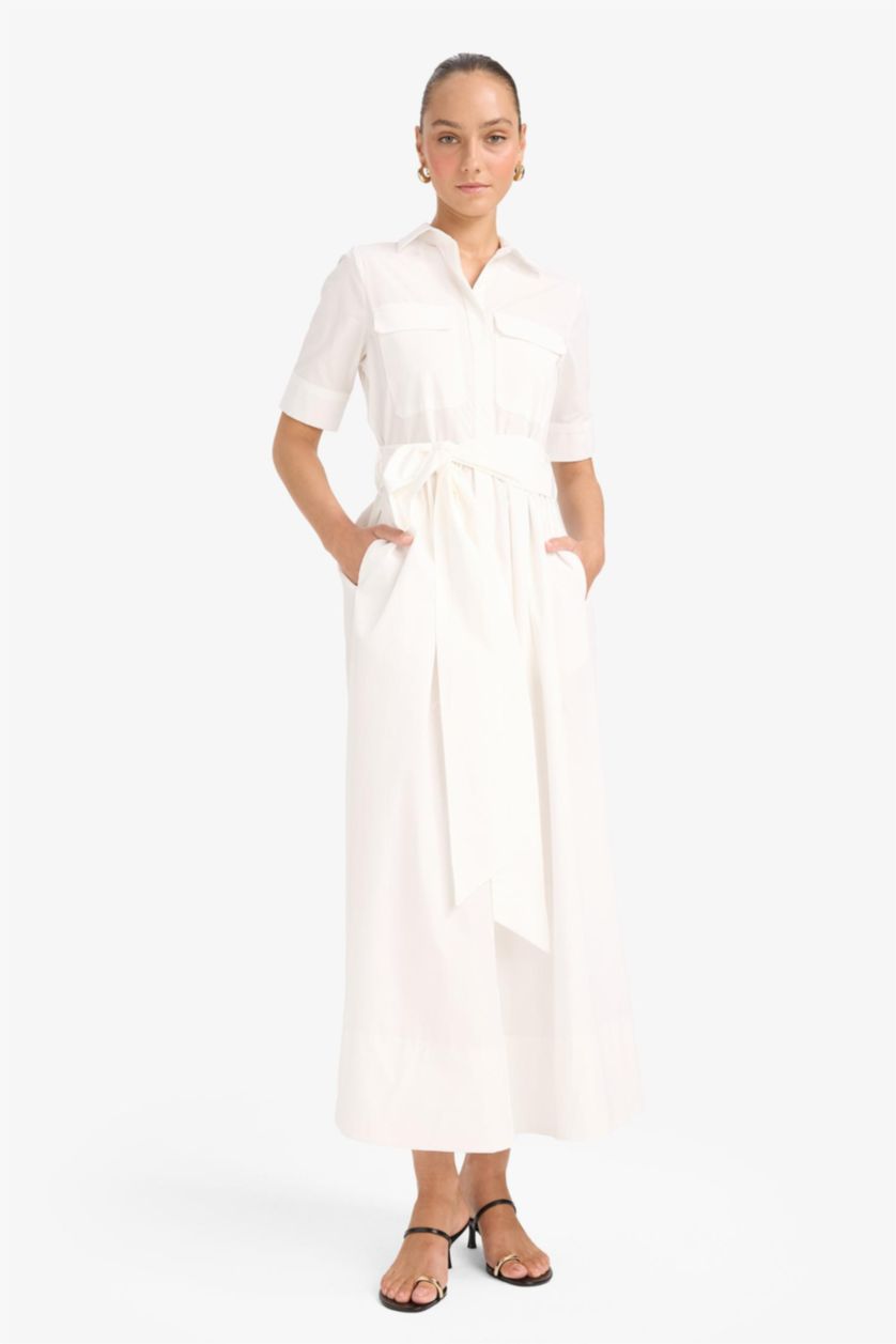 نساء اوف وايت فستان ميدي بوبلين بياخة قميص بتفاصيل برباط