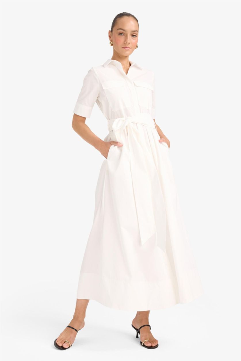 نساء اوف وايت فستان ميدي بوبلين بياخة قميص بتفاصيل برباط