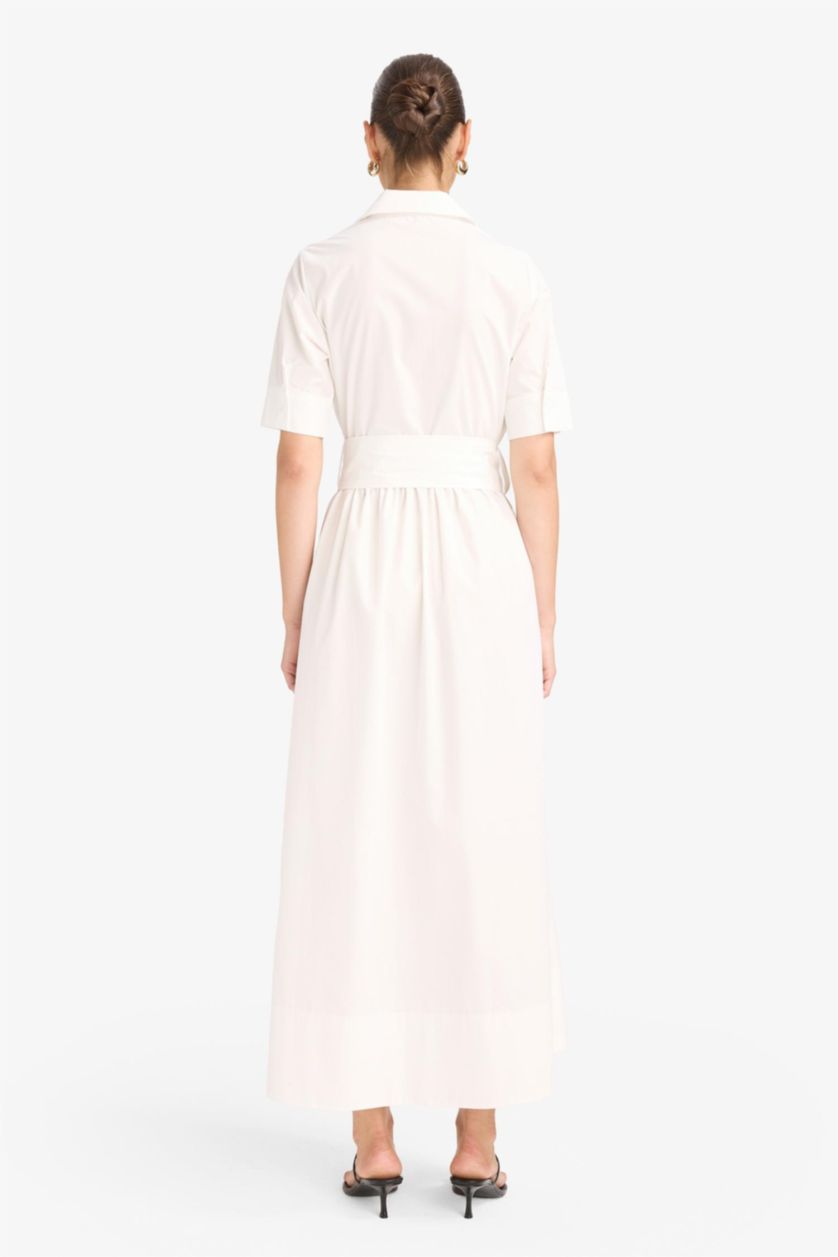 نساء اوف وايت فستان ميدي بوبلين بياخة قميص بتفاصيل برباط