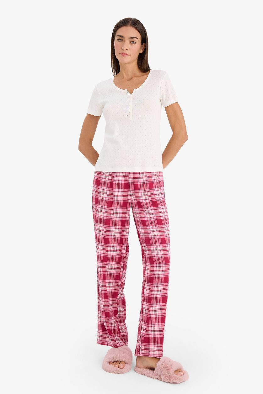 نساء خمري بنطلون بيجاما كاروهات فلانيل قصة عادية