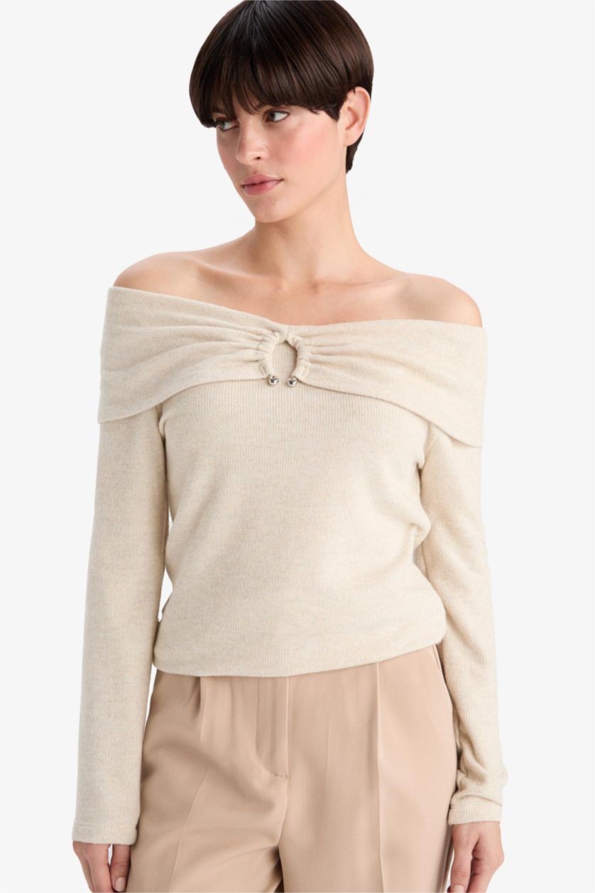 Kadın Taş Slım Fıt Omzu Açık Uzun Kollu Tişört