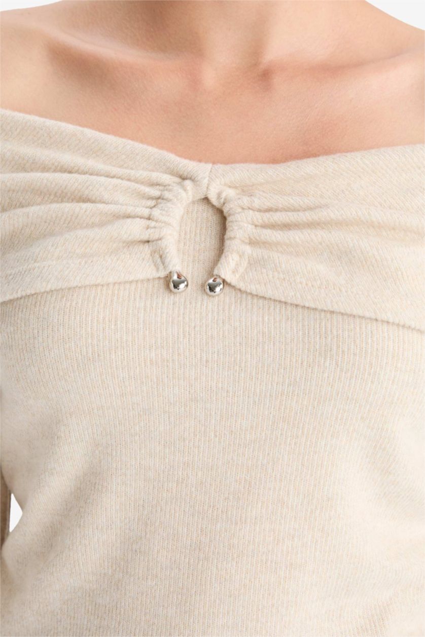 Kadın Taş Slım Fıt Omzu Açık Uzun Kollu Tişört