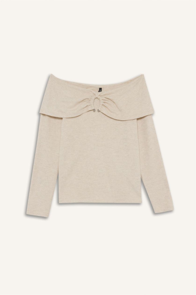 Kadın Taş Slım Fıt Omzu Açık Uzun Kollu Tişört