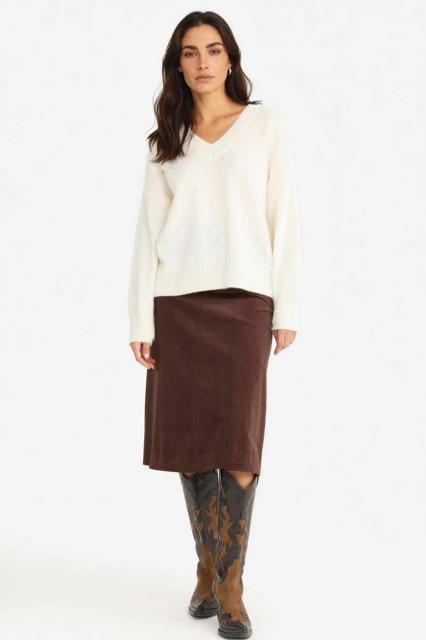 Kadın Kahve Regular Fıt Normal Bel Kadife Midi Etek