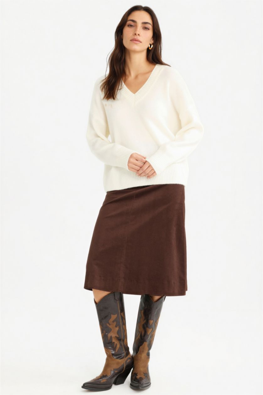 Kadın Kahve Regular Fıt Normal Bel Kadife Midi Etek