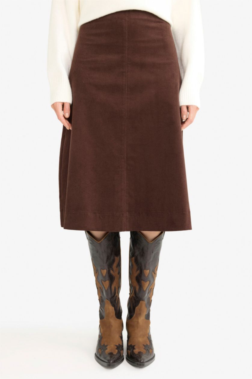 Kadın Kahve Regular Fıt Normal Bel Kadife Midi Etek
