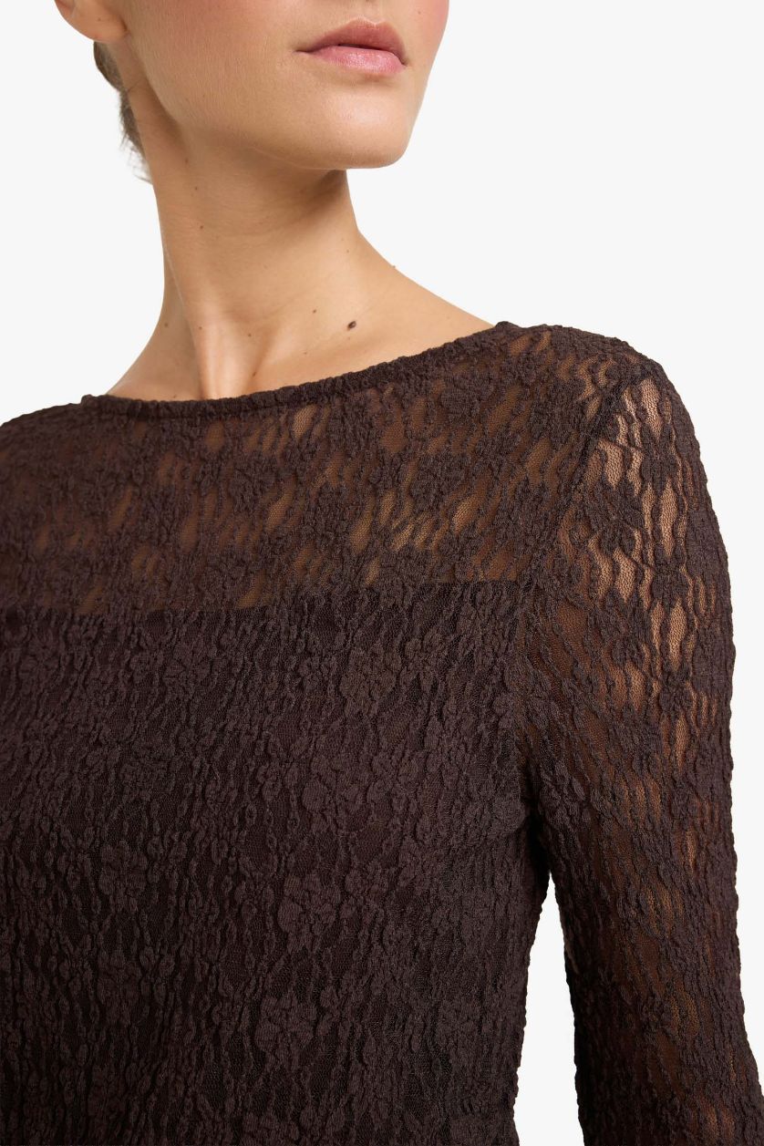 WOMAN Brown Slim Fit Boat Collar Long Sleeve Blouse