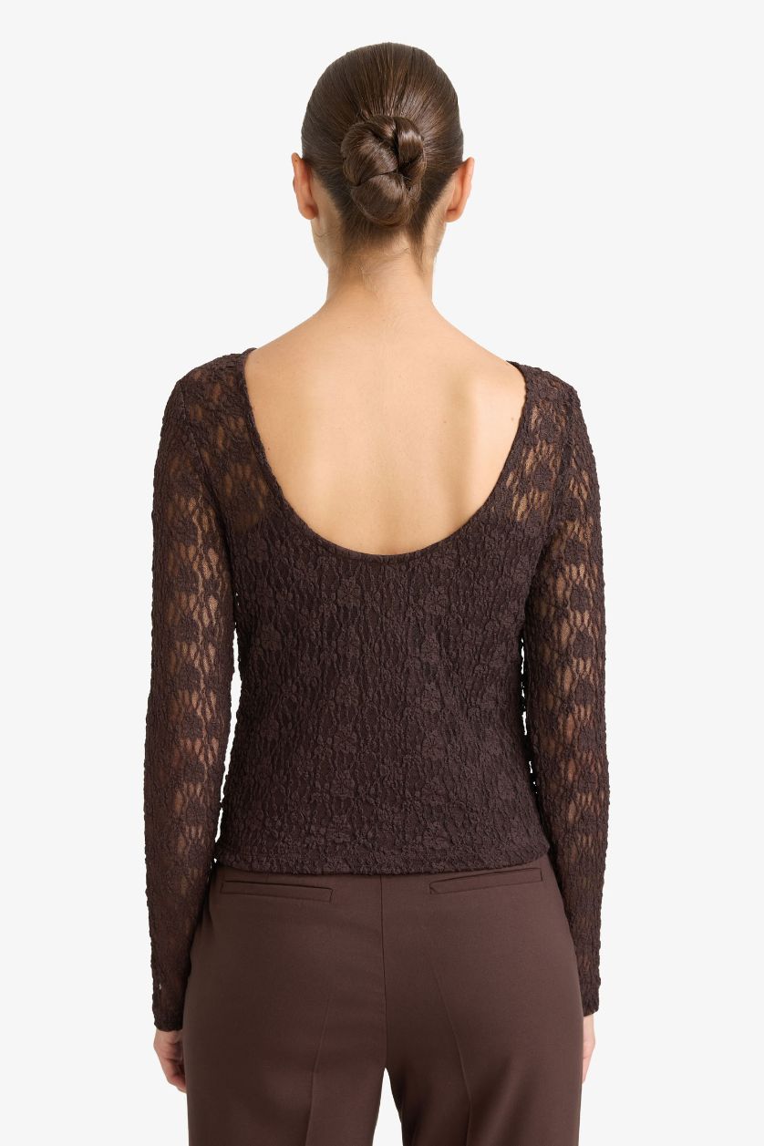 WOMAN Brown Slim Fit Boat Collar Long Sleeve Blouse