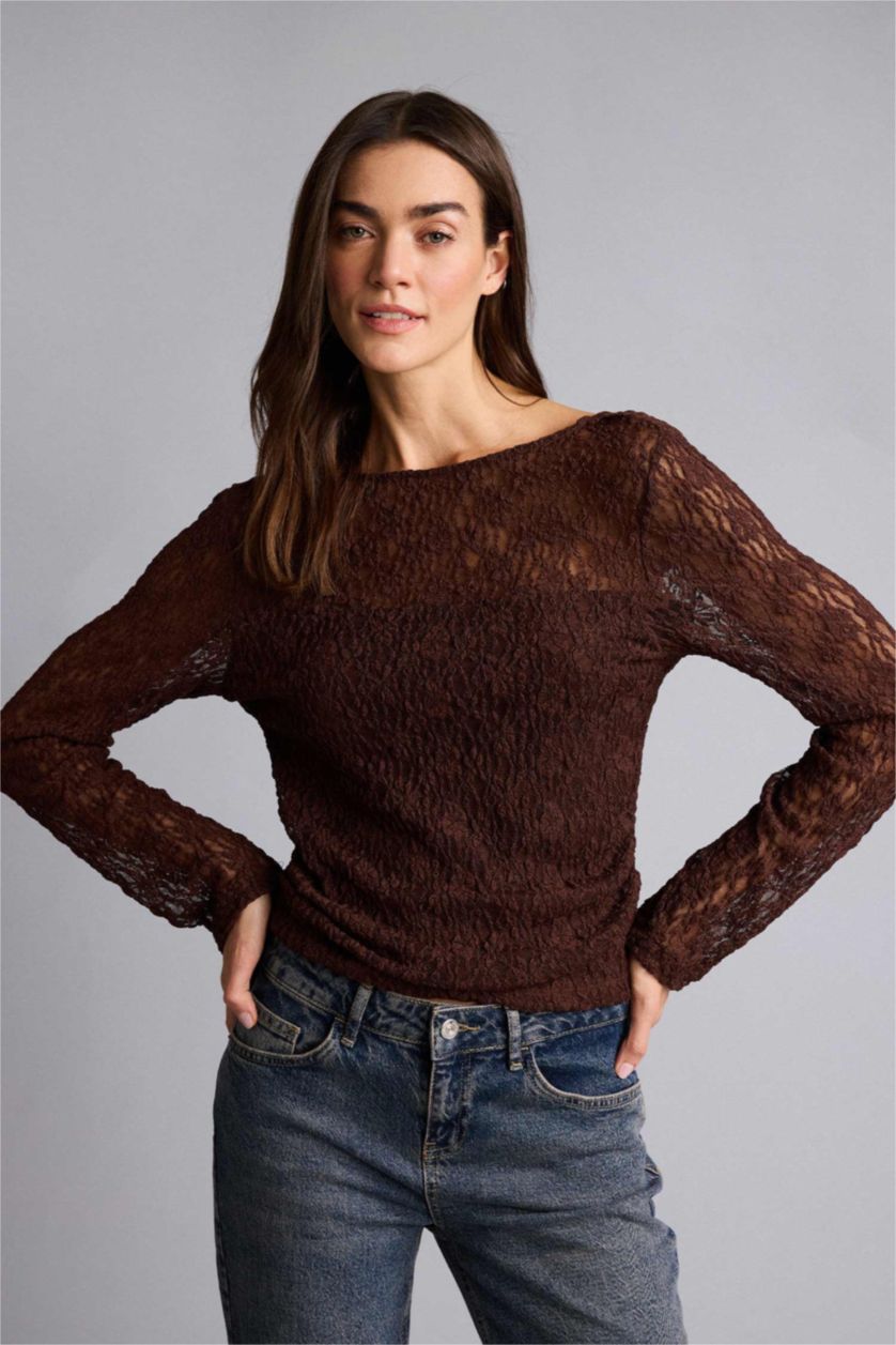 Kadın Kahve Fıtted Kayık Yaka Dantel Uzun Kollu Bluz