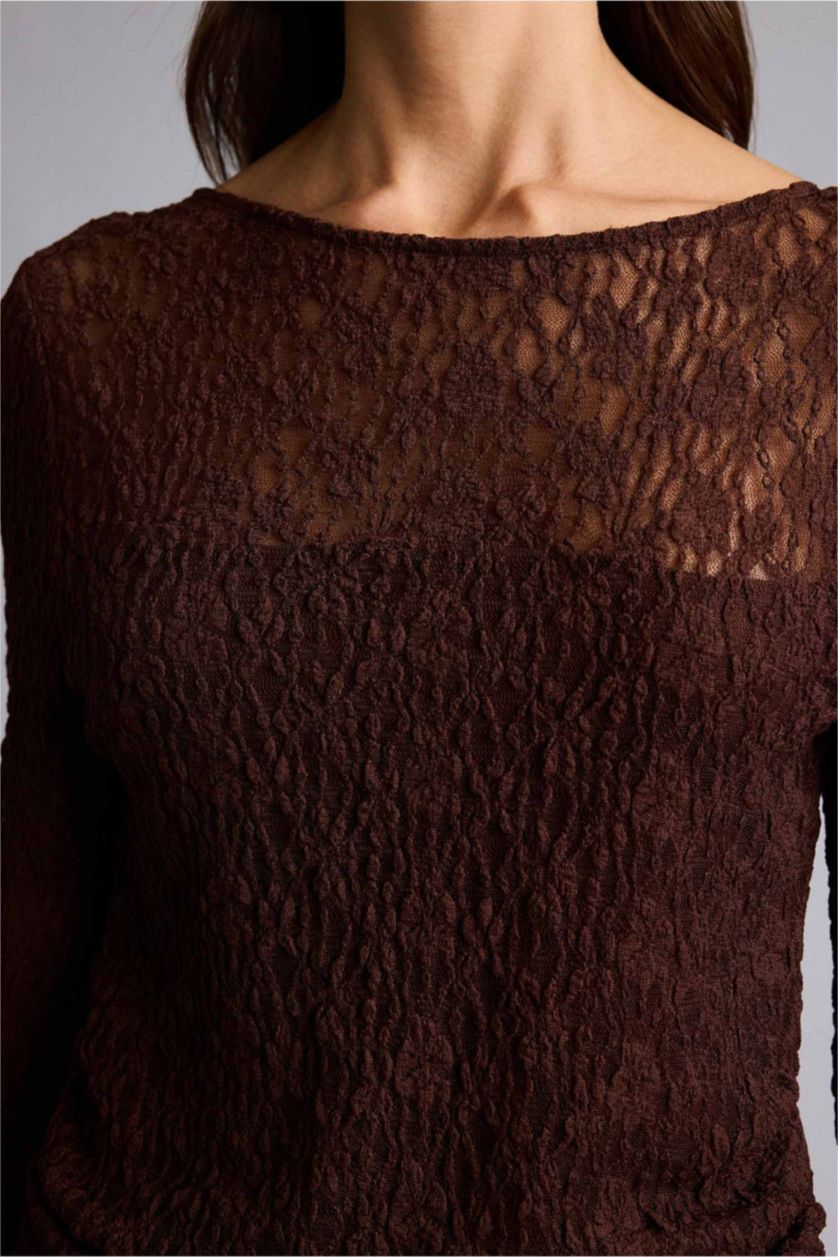 Kadın Kahve Fıtted Kayık Yaka Dantel Uzun Kollu Bluz