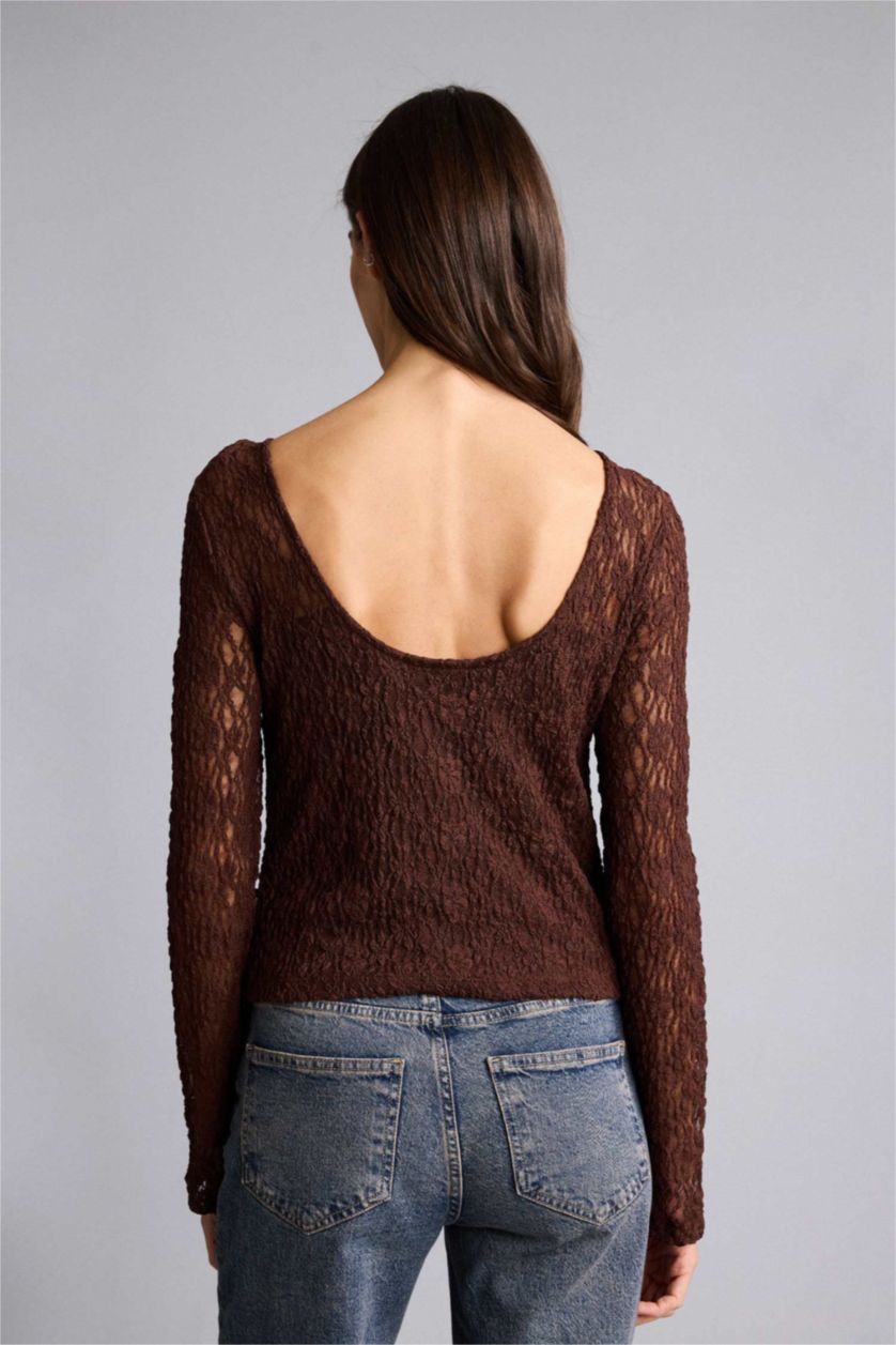 Kadın Kahve Fıtted Kayık Yaka Dantel Uzun Kollu Bluz