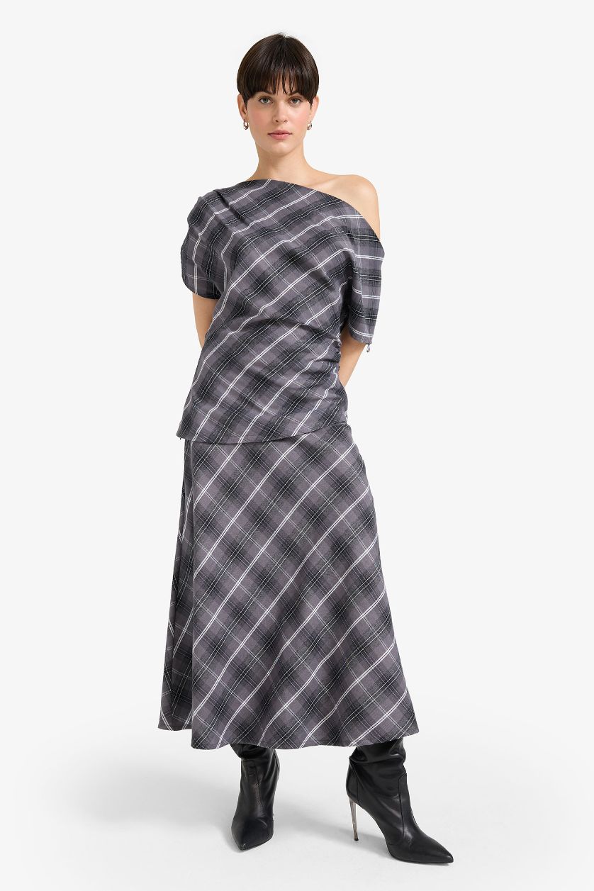 Woman Dark Grey A Cut Plaid Twill Normal Waist Midi Skirt