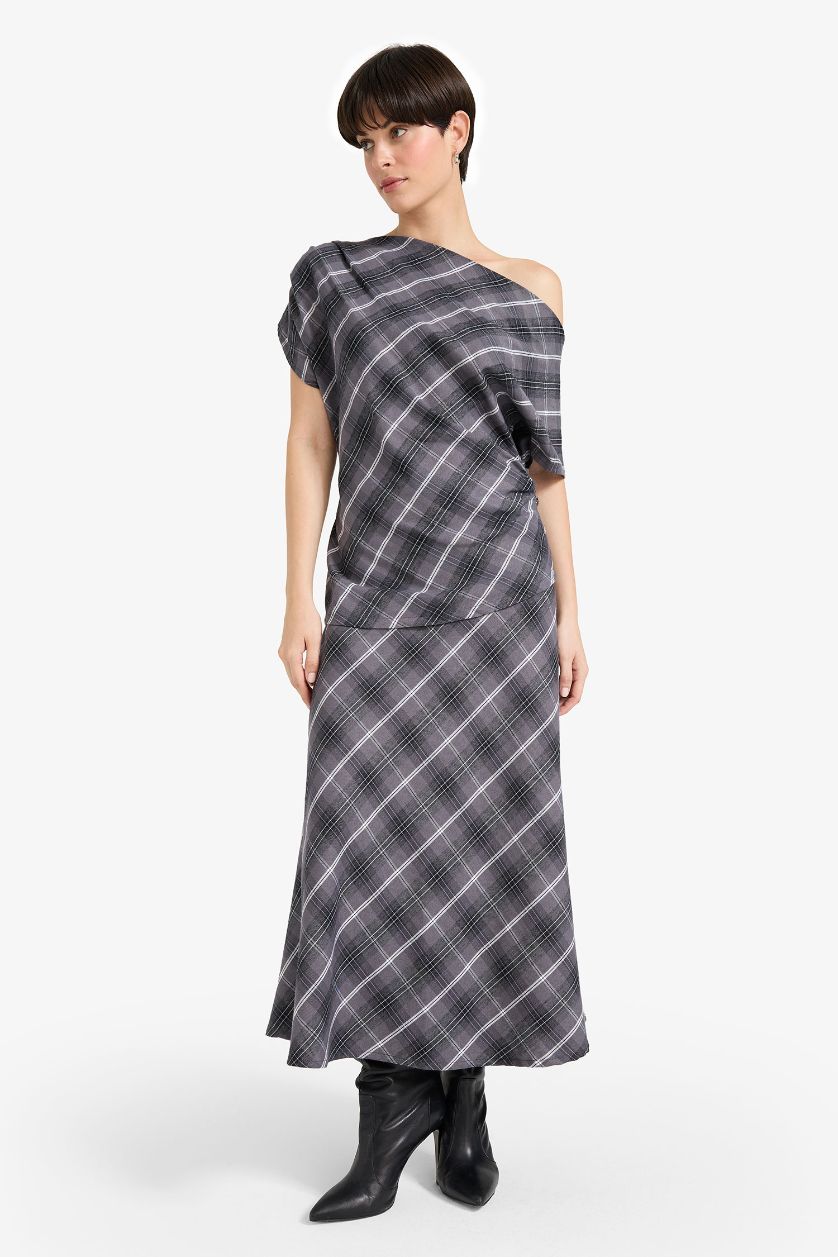 Woman Dark Grey A Cut Plaid Twill Normal Waist Midi Skirt