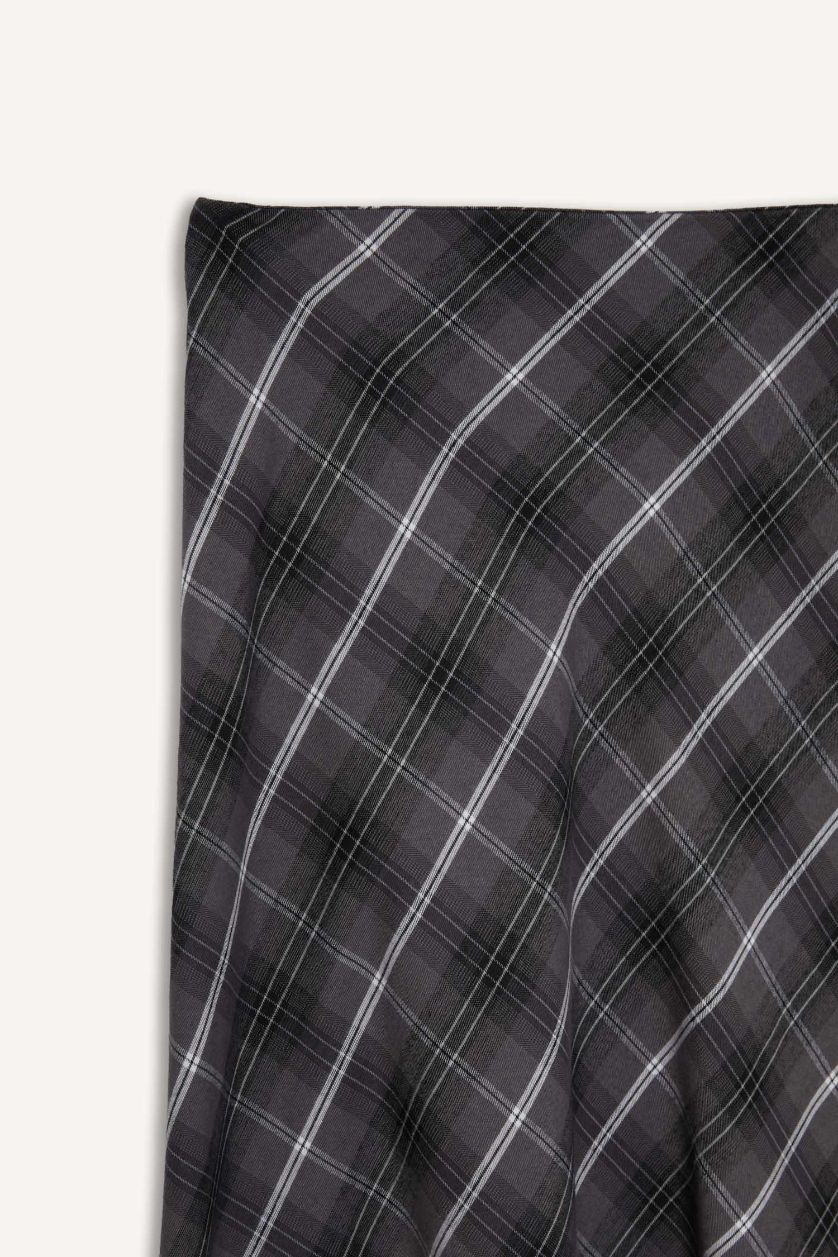 Woman Dark Grey A Cut Plaid Twill Normal Waist Midi Skirt