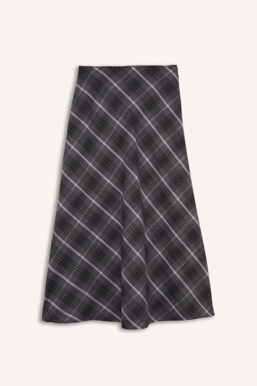 Woman Dark Grey A Cut Plaid Twill Normal Waist Midi Skirt