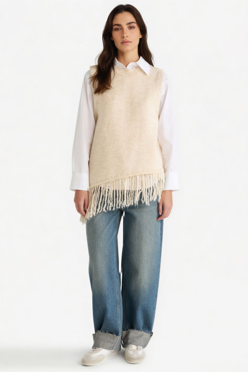 Woman Ecru Oversize Crew Neck Knitwear Vest