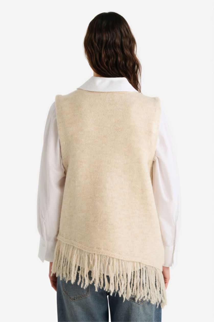 Woman Ecru Oversize Crew Neck Knitwear Vest
