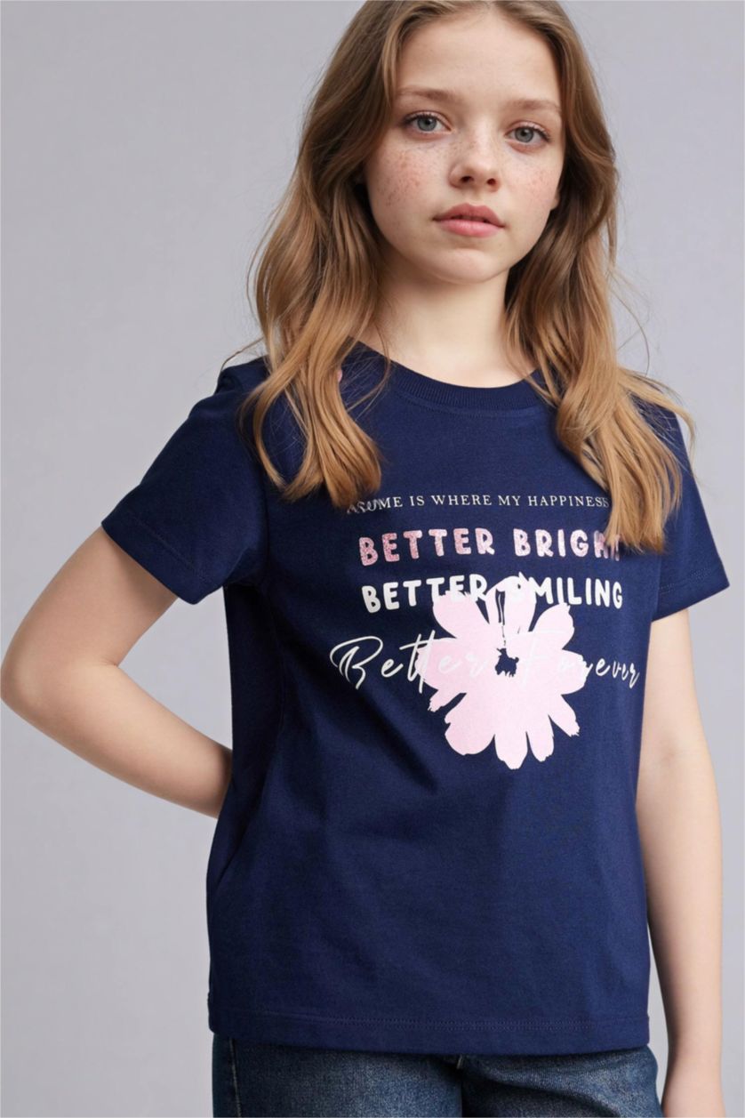 GIRLS & TEENS NAVY Girl Regular Fit Crew Neck Slogan Print T-Shirt