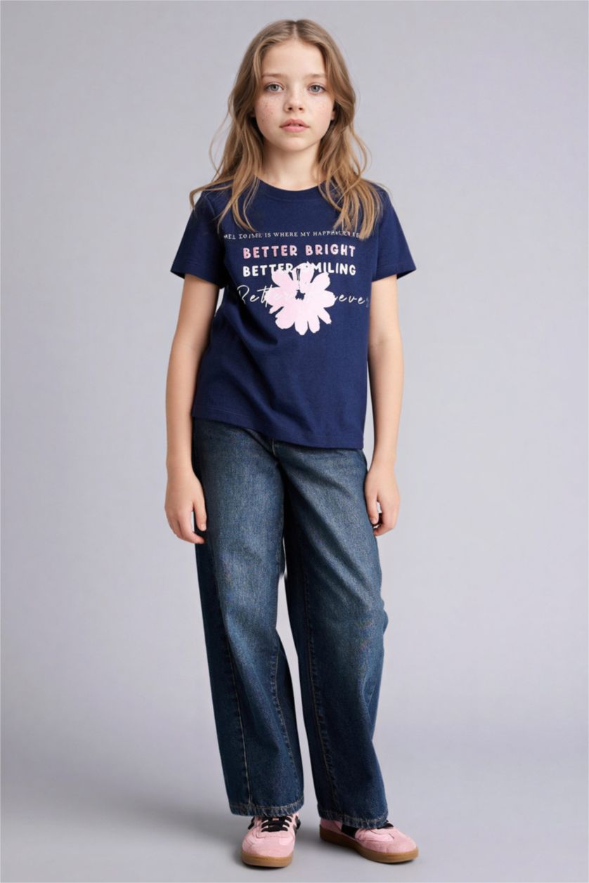 GIRLS & TEENS NAVY Girl Regular Fit Crew Neck Slogan Print T-Shirt