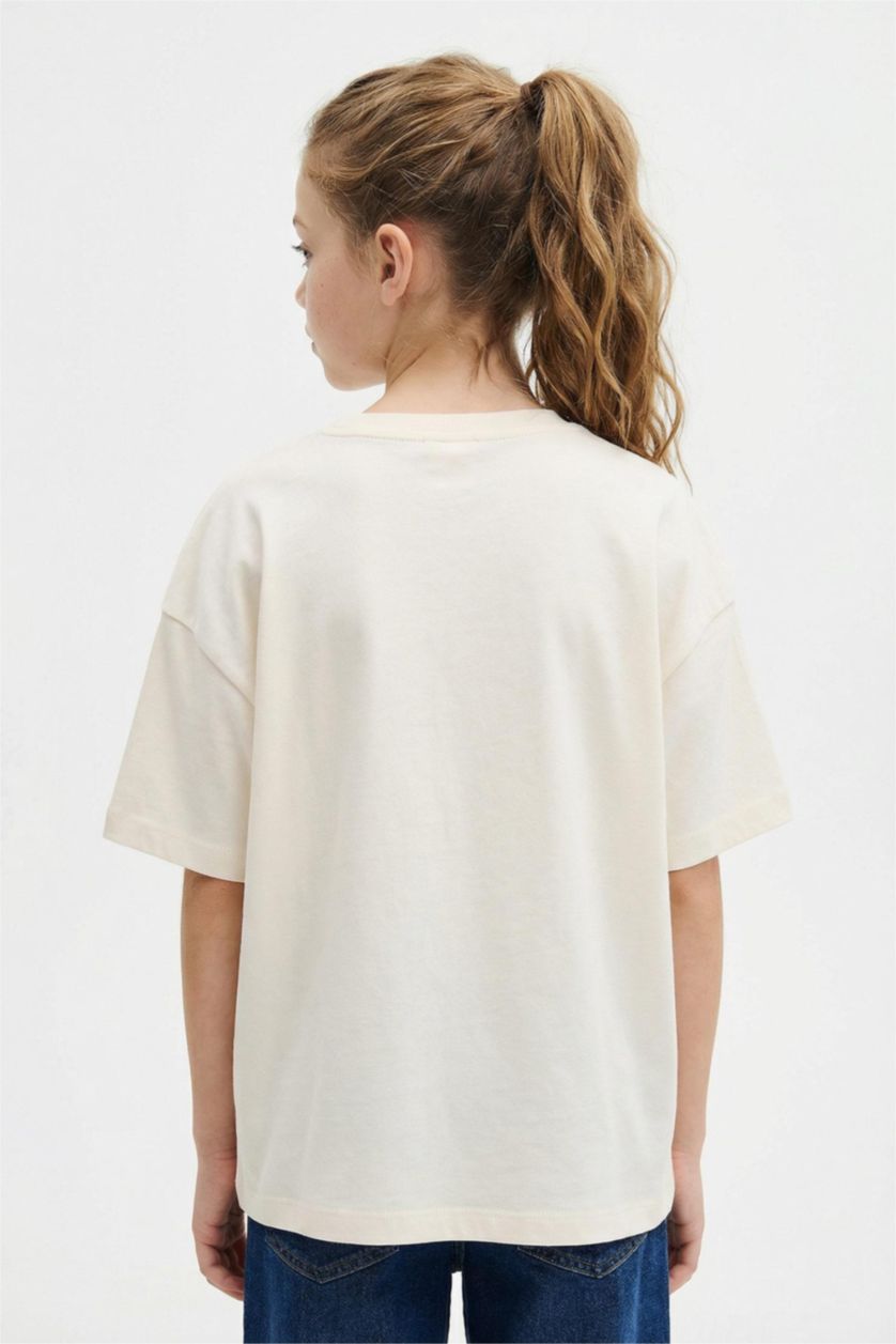 Kız Çocuk - Genç Kız Ekru Oversıze Çiçekli Tişört Kız Çocuk