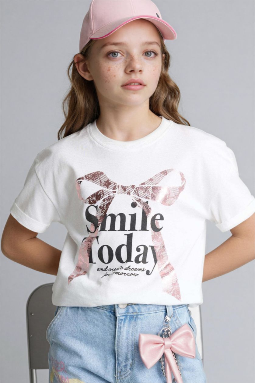 FILLES Écru T-shirt à manches courtes Slogan Col rond Fille