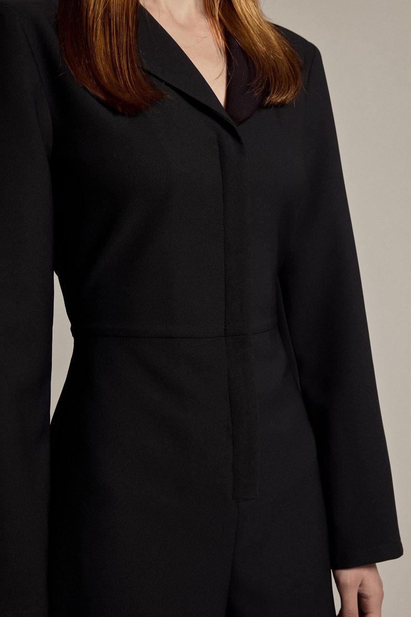 Kadın Siyah Fitted Krep Uzun Kollu Kısa Tulum