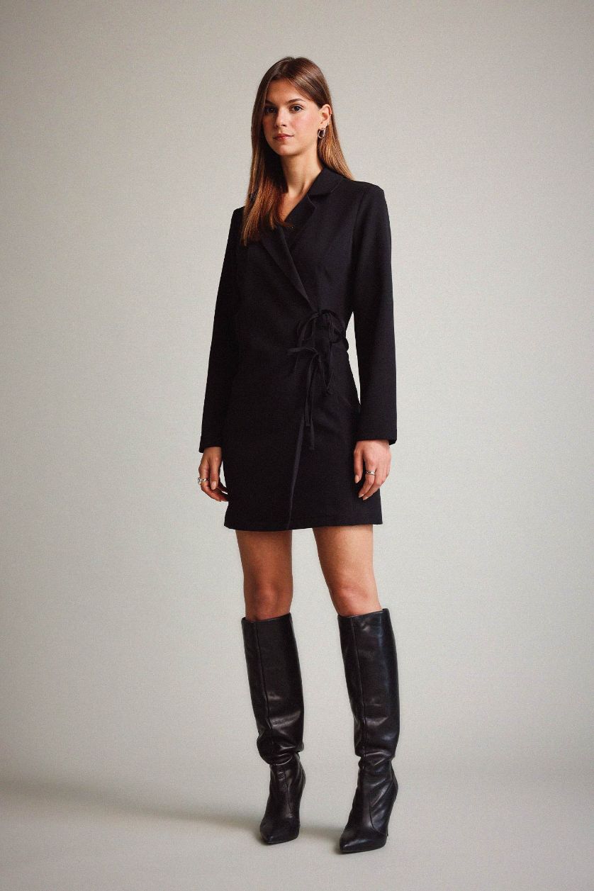 Kadın Siyah Krep Uzun Kollu Mini Elbise 