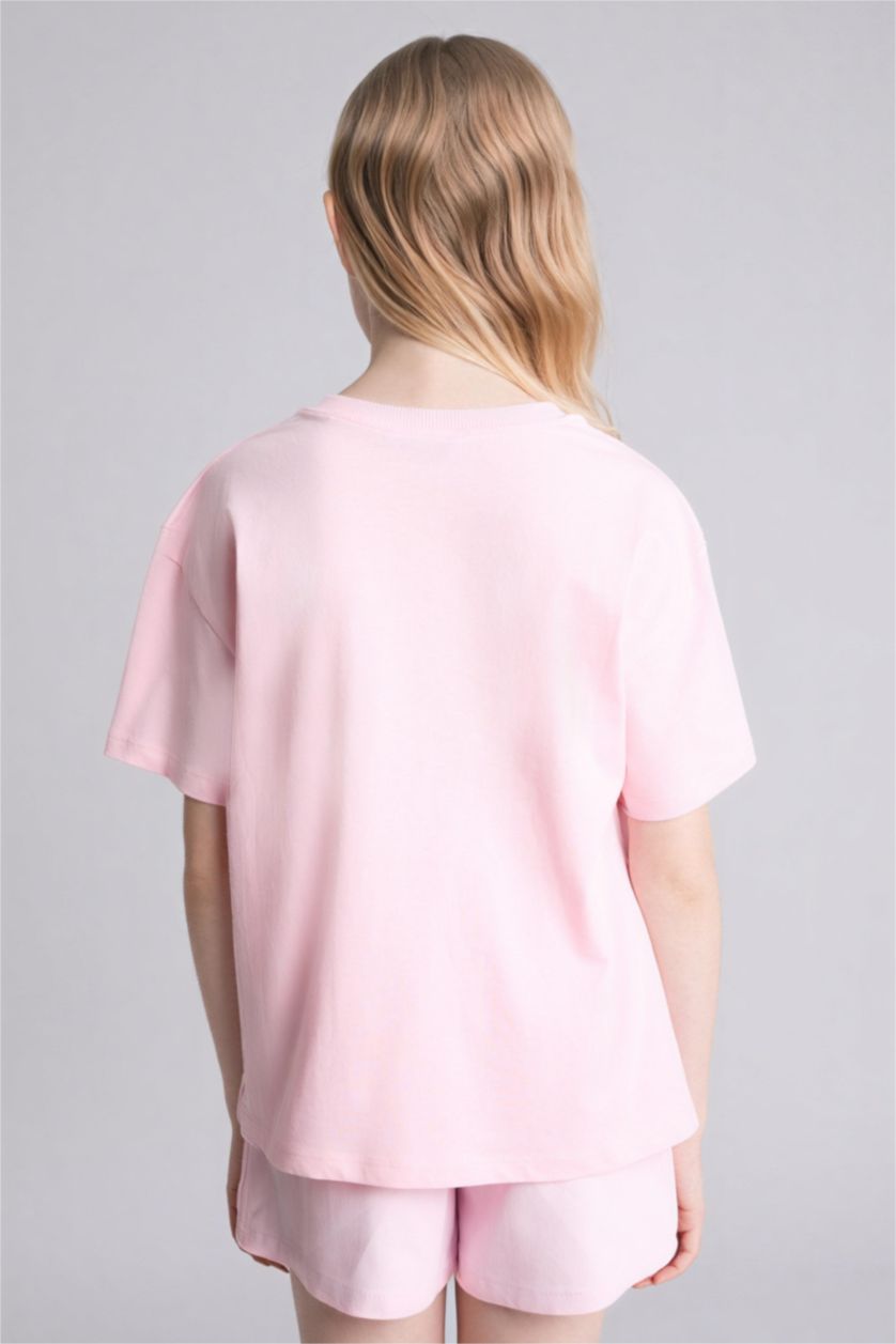 بنات زهري فاتح تيشيرت بناتي نص ردن بطبعة شعار اوفر سايز