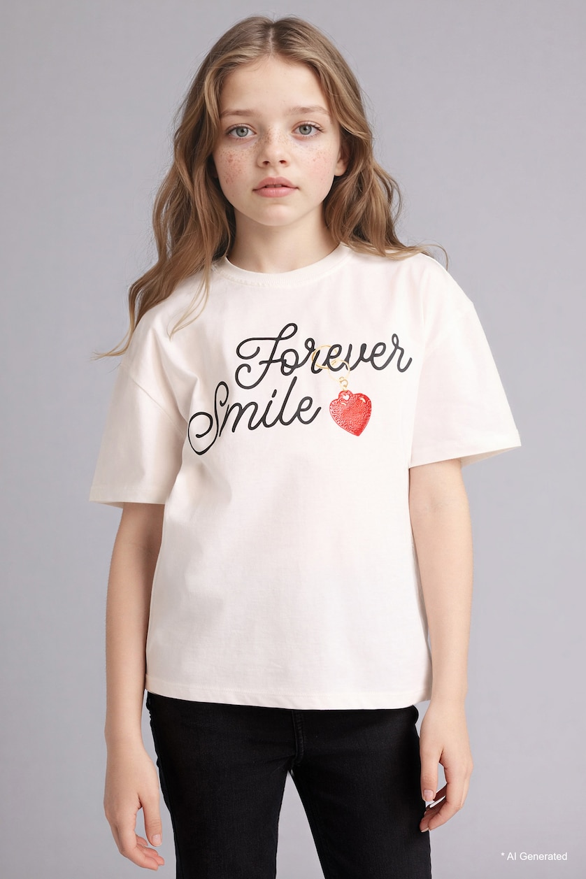 GIRLS & TEENS Ecru Girl Oversize Printed Short Sleeve T-Shirt