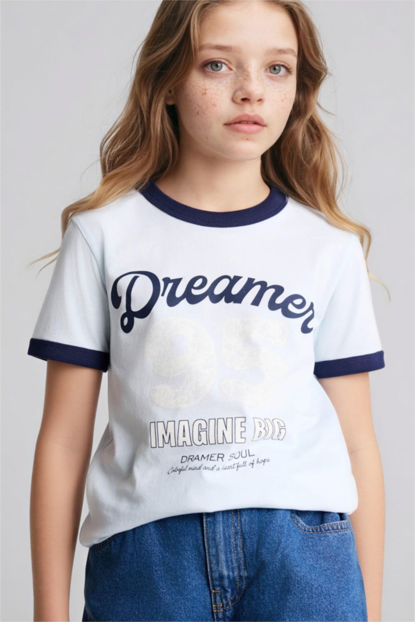 Девочки и подростки Светло-синий Футболка Regular Fit с круглым вырезом узором из цифр и коротким рукавом для девочек