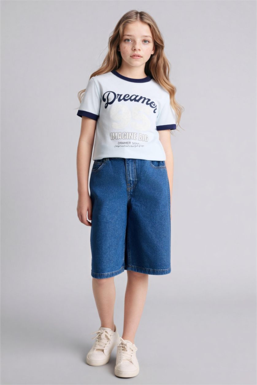 Девочки и подростки Светло-синий Футболка Regular Fit с круглым вырезом узором из цифр и коротким рукавом для девочек