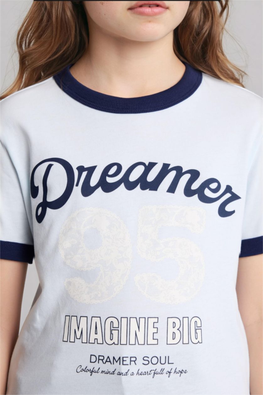 Девочки и подростки Светло-синий Футболка Regular Fit с круглым вырезом узором из цифр и коротким рукавом для девочек