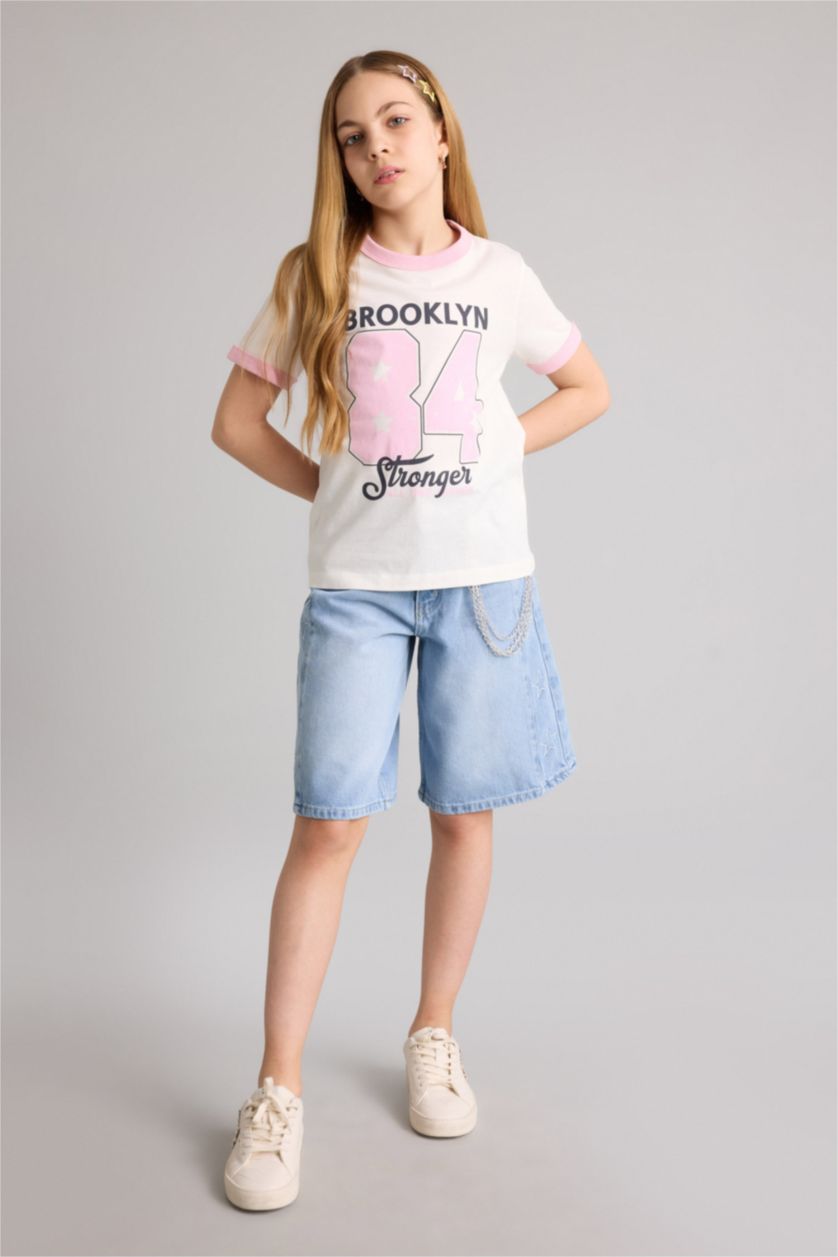 Девочки и подростки Бежевый Футболка Regular Fit с круглым вырезом узором из цифр и коротким рукавом для девочек