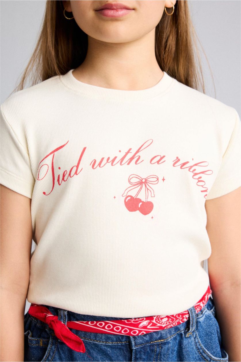 Young Girls - Teen Girls Ecru Slim Fit Floral Short Sleeve T-Shirt