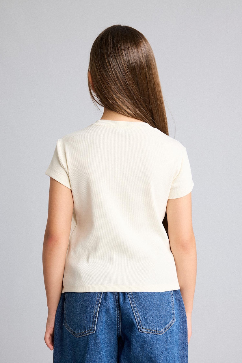 Kız Çocuk - Genç Kız Ekru Slim Fit Baskılı Tişört Kız Çocuk