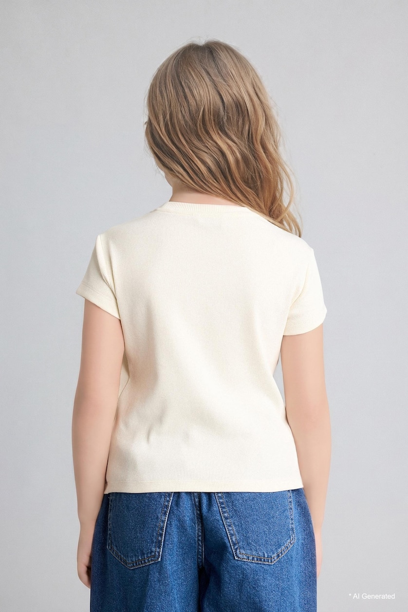 Kız Çocuk - Genç Kız Ekru Slim Fit Baskılı Tişört Kız Çocuk