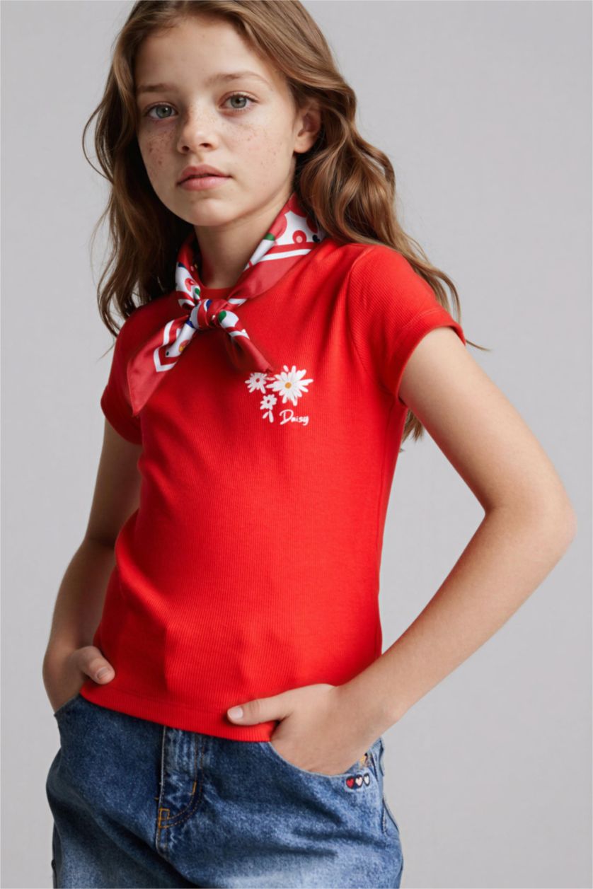 Kız Çocuk - Genç Kız Kırmızı Çiçekli İşlemeli Tişört Kız Çocuk