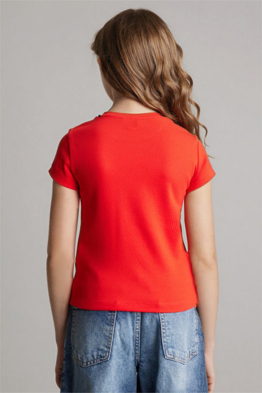 بنات أحمر تيشيرت بناتي نص ردن فلورال مطرز سليم فيت